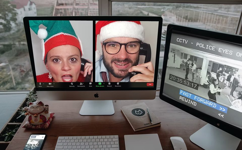 An online office-party mystery with live performers and CCTV evidence.